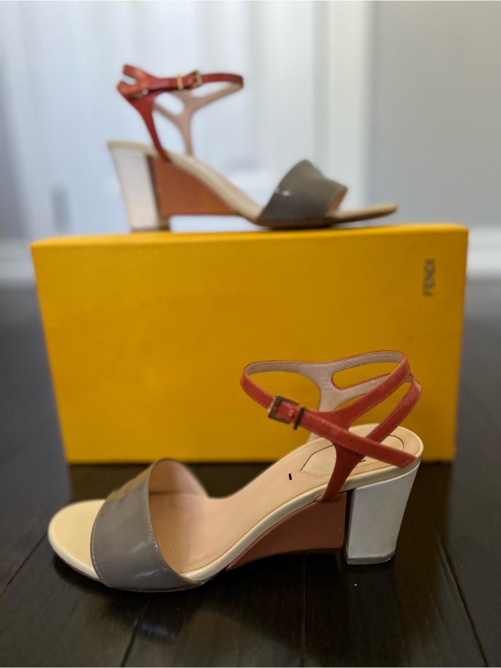 FENDI Tri-color  Wedge Sandals in Grey-Coral-White Patent Leather, Size 6.5